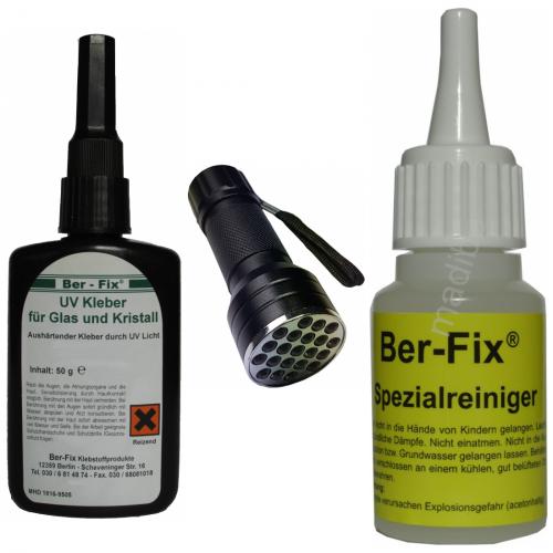 Ber-Fix UV-Kleber - Inhalt: 50 Gramm Viskositt: hochviskos + UV-Lampe Ausfhrung: 21 LED + Spezialreiniger 20ml
