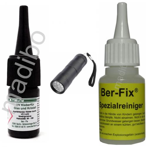 Ber-Fix UV-Kleber - Inhalt: 3 Gramm Viskositt: niederviskos + UV-Lampe Ausfhrung: 12 LED + Spezialreiniger 20ml