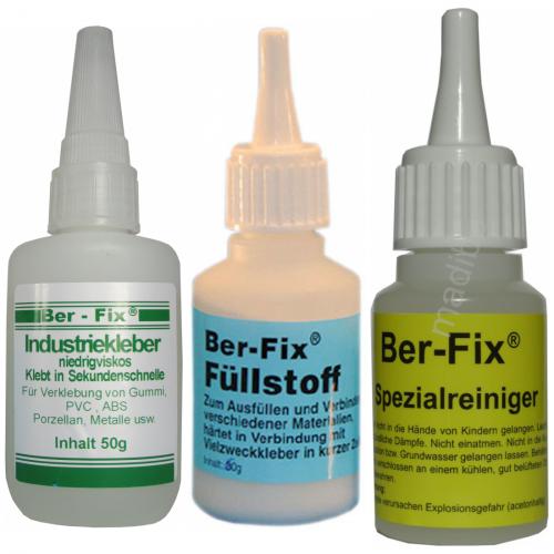 Ber-Fix Industriekleber - Inhalt: 50 Gramm Viskositt: niederviskos + Fllstoff 60g Farbe: Wei + Spezialreiniger 20ml + 3 x Dosierspitze