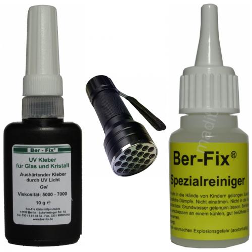 Ber-Fix UV-Kleber - Inhalt: 10 Gramm Viskositt: hochviskos + UV-Lampe Ausfhrung: 21 LED + Spezialreiniger 20 g