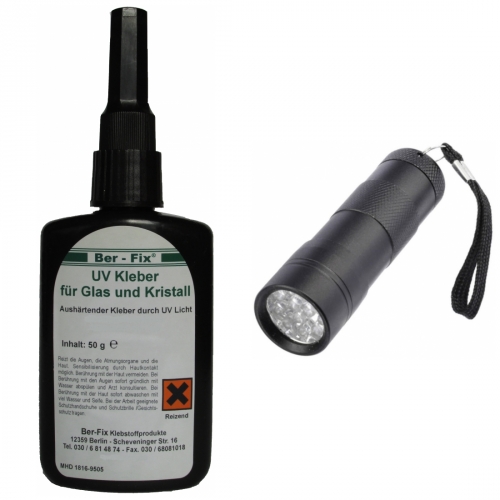 Ber-Fix UV-Kleber Set - Inhalt: 50 Gramm Viskositt: hochviskos + UV-Lampe Ausfhrung: 12 LEDs
