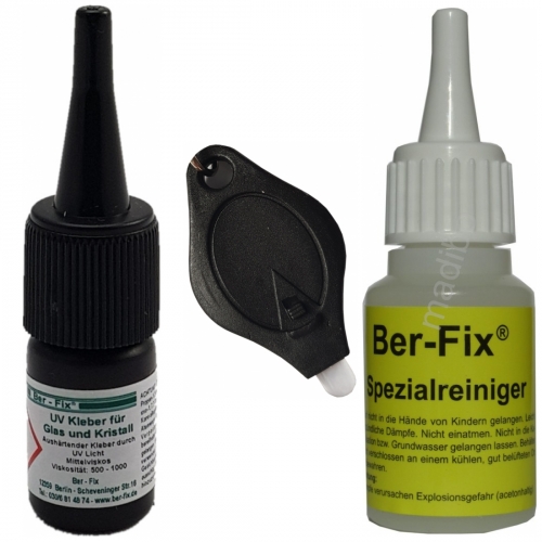 Ber-Fix UV-Kleber - Inhalt: 3 Gramm Viskositt: mittelviskos + UV-Lampe Ausfhrung: 1 LED + Spezialreiniger 20 Gramm