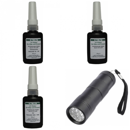 Ber-Fix UV-Kleber - Inhalt: 10 Gramm Viskosität: niederviskos mittelviskos hochviskos + UV-Lampe Ausführung: 12 LEDs