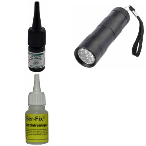 Ber-Fix UV-Kleber Set - Inhalt: 3 Gramm Viskosität: mittelviskos + UV-Lampe Ausführung: 12 LEDs + 20 g Spezialreiniger