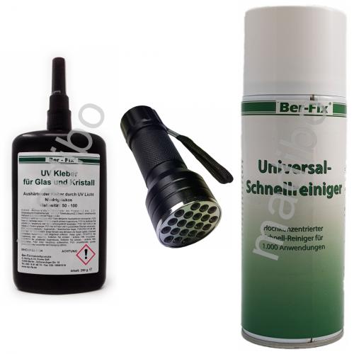 Ber-Fix UV-Kleber Set - Inhalt: 250 Gramm Viskositt: niederviskos + UV-Lampe Ausfhrung: 21 LED + Universal-Schnellreiniger 400 ml