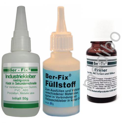 Ber-Fix Industriekleber Set - Inhalt: 50 Gramm Viskositt: niederviskos + Fllstoff 60g Farbe: Wei + Primer 15 ml + 3 Dosierspitzen