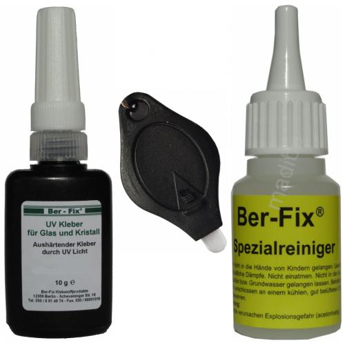 Ber-Fix UV-Kleber Set - Inhalt: 10 Gramm Viskositt: mittelviskos + UV-Lampe Ausfhrung: 1 LED + Spezialreiniger 20 g