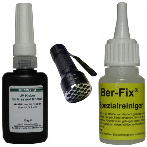 Ber-Fix UV-Kleber - Inhalt: 10 Gramm Viskosität: mittelviskos + UV-Lampe Ausführung: 21 LED + Spezialreiniger 20 g