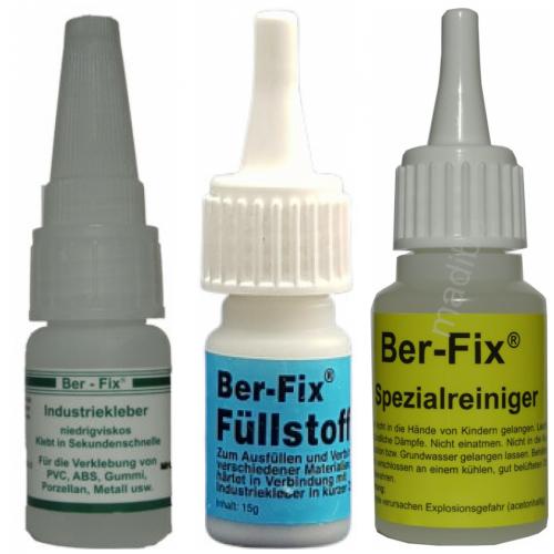 Ber-Fix Industriekleber - Inhalt: 10 Gramm Viskositt: niederviskos + Fllstoff 15 g Farbe: Wei + Spezialreiniger 20 g + 3 x Dosierspitze