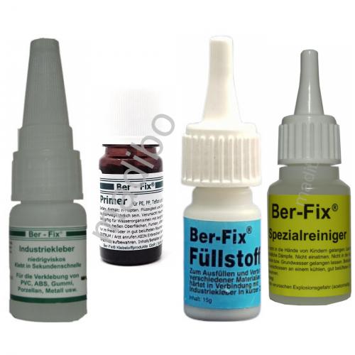 Ber-Fix Industriekleber - Inhalt: 10 Gramm Viskositt: niederviskos + Primer 5 ml + Fllstoff 15 g Farbe: Wei + Spezialreiniger 20 g