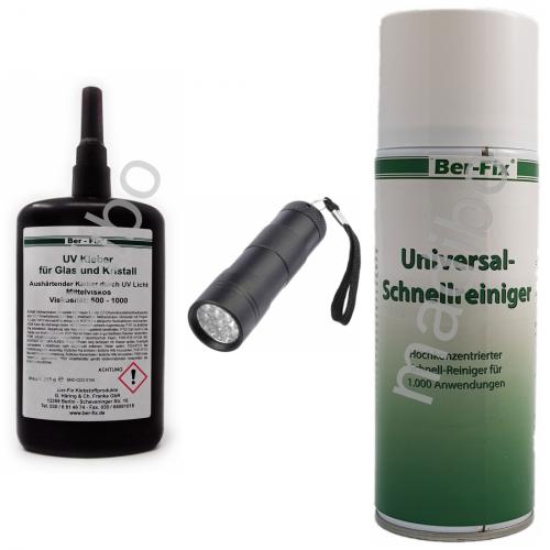 Ber-Fix UV-Kleber - Inhalt: 250 Gramm Viskositt: mittelviskos + UV-Lampe Ausfhrung: 12 LED + Universal-Schnellreiniger 400 ml