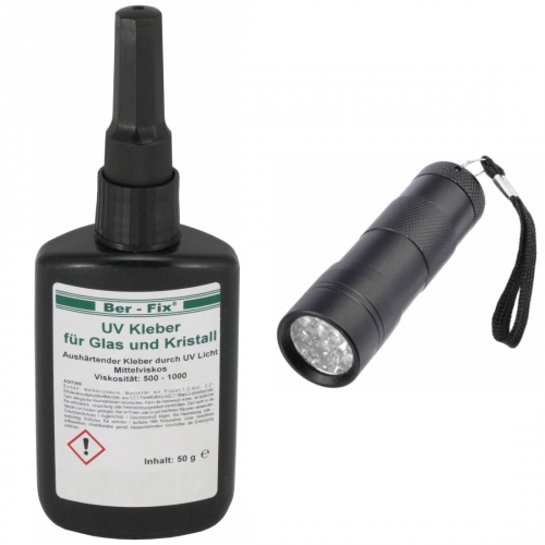 Ber-Fix UV-Kleber Set - Inhalt: 50 Gramm Viskosität: mittelviskos + UV-Lampe Ausführung: 12 LEDs
