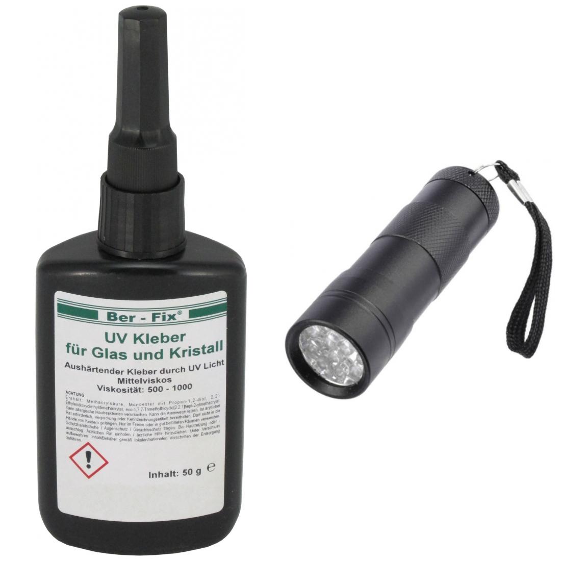 Ber-Fix UV-Kleber Set - Inhalt: 50 Gramm Viskosität: mittelviskos + UV-Lampe Ausführung: 12 LEDs