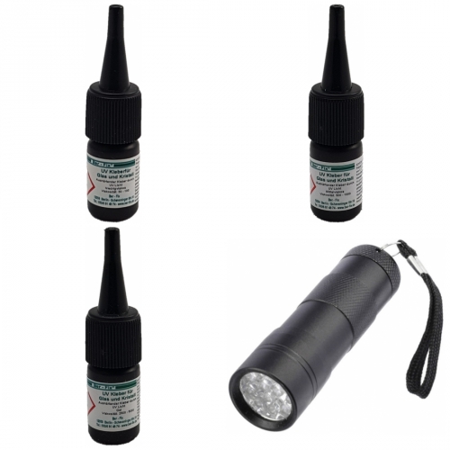 Ber-Fix UV-Kleber - Inhalt: 3 x 3 Gramm Viskosität: niederviskos + mittelviskos + hochviskos + UV-Lampe Ausführung: 12 LEDs
